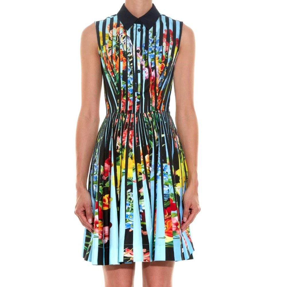 Mary Katrantzou Dew Dress Rainbow Colorful Floral Pleated Stripe Black Blue UK12